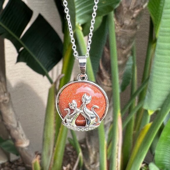 NEW Goldstone Cat Love Necklace Goldstone Cat Love Pendant - Picture 2 of 5
